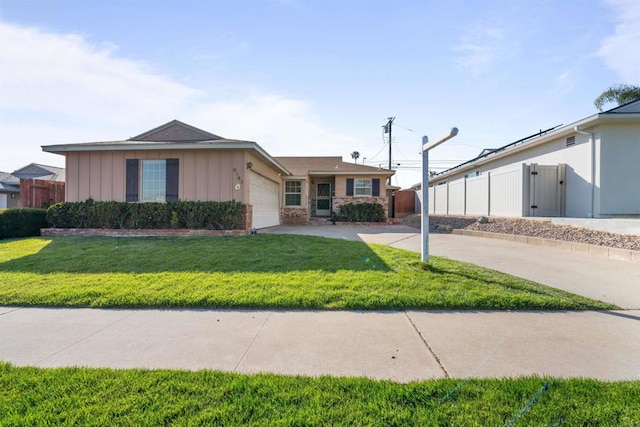 single story home with a garage, board and batten siding, fence, and a front yard