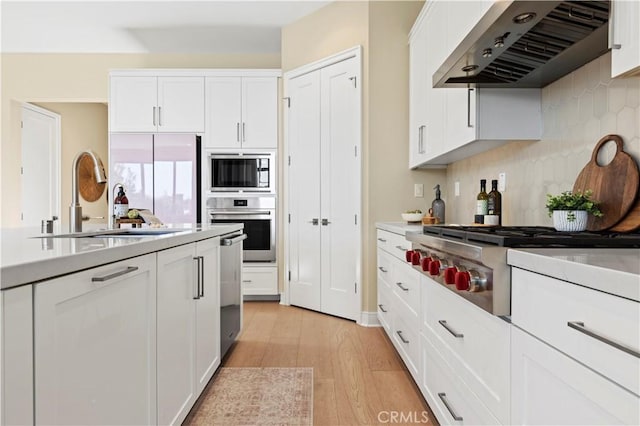 kitchen featuring appliances with stainless steel finishes, a sink, ventilation hood, white cabinets, and light wood-style floors