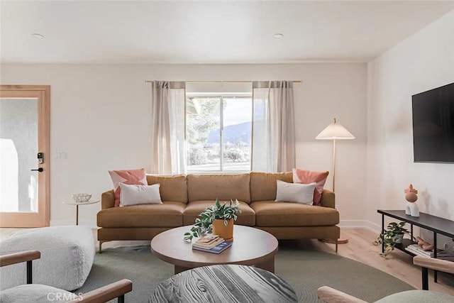 living area featuring baseboards and light wood-style floors