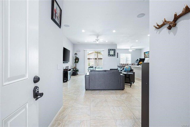 68245 Peladora Rd, Cathedral City, CA 92234 - living room featuring recessed lighting, marble finish floor, and ceiling fan