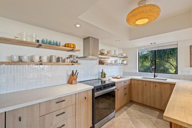 kitchen featuring a sink, open shelves, electric range oven, and light brown cabinets