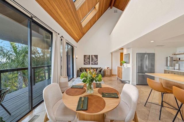 dining space featuring visible vents, high vaulted ceiling, wooden ceiling, light tile patterned floors, and a skylight