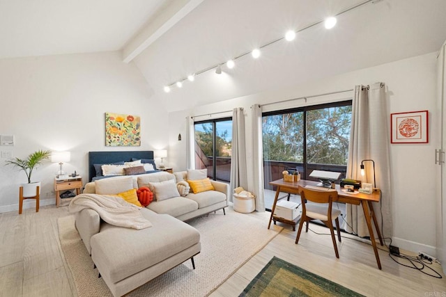 bedroom with track lighting, vaulted ceiling with beams, access to outside, and wood finished floors