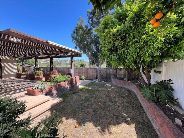 view of yard with a fenced backyard, a patio area, a pergola, and a gate