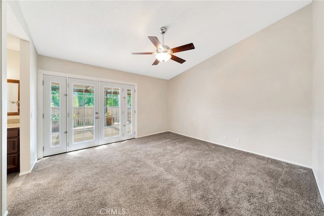 31341 Via Sonora, San Juan Capistrano, CA 92675 - unfurnished room featuring ceiling fan, french doors, carpet, baseboards, and vaulted ceiling