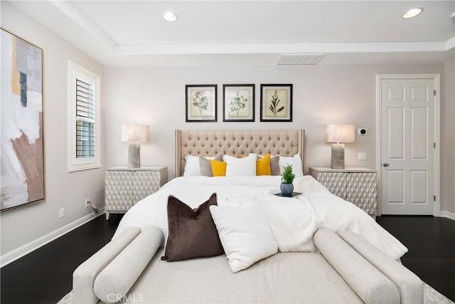 12 Starflower, Lake Forest, CA 92630 - bedroom featuring a tray ceiling, recessed lighting, and dark wood-style flooring