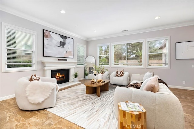 12 Starflower, Lake Forest, CA 92630 - living area featuring crown molding, a lit fireplace, recessed lighting, and wood finished floors