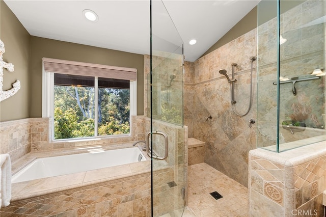 2465 Via Oeste Dr, Fallbrook, CA 92028 - full bathroom with a shower stall, a bath, recessed lighting, and lofted ceiling
