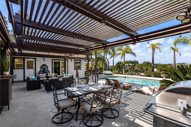 2465 Via Oeste Dr, Fallbrook, CA 92028 - view of patio with a pergola, an outdoor hangout area, an outdoor pool, a grill, and outdoor dining area
