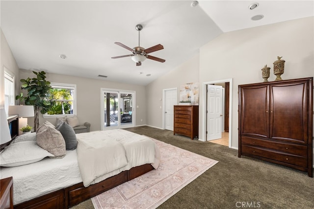 2465 Via Oeste Dr, Fallbrook, CA 92028 - bedroom featuring carpet flooring, lofted ceiling, a ceiling fan, access to exterior, and baseboards