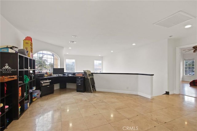 home office featuring visible vents, recessed lighting, plenty of natural light, and light tile patterned floors