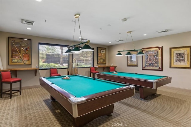 recreation room featuring visible vents, carpet flooring, and pool table