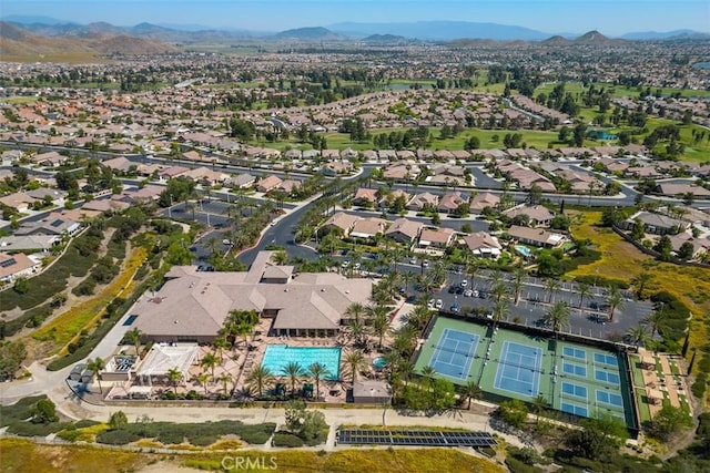 aerial view featuring a residential view and a mountain view