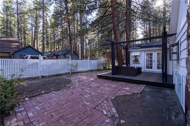 758 Elm St, Big Bear Lake, CA 92315 - view of patio featuring french doors, fence, and a wooden deck