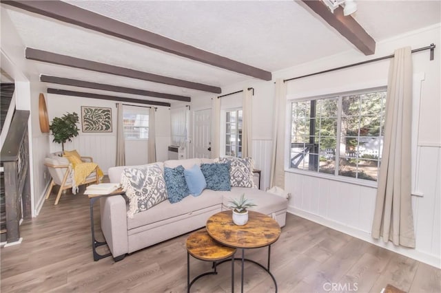 758 Elm St, Big Bear Lake, CA 92315 - living room with wood finished floors, a wainscoted wall, beam ceiling, and a wealth of natural light