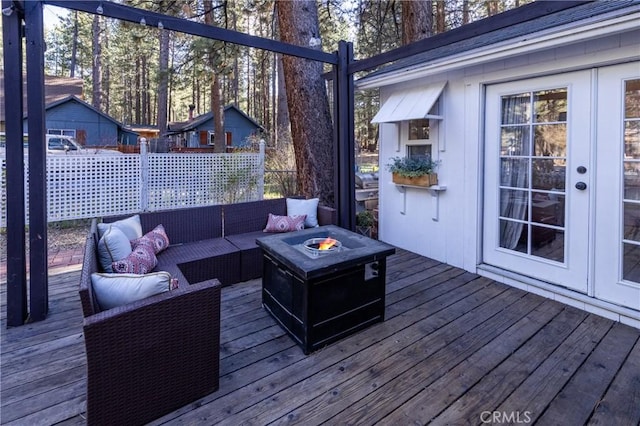 758 Elm St, Big Bear Lake, CA 92315 - wooden deck featuring french doors and an outdoor living space with a fire pit