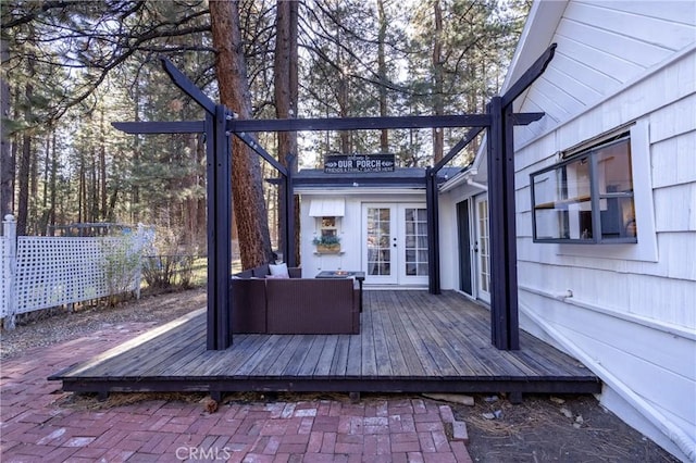 758 Elm St, Big Bear Lake, CA 92315 - wooden deck with french doors, fence, and an outdoor living space