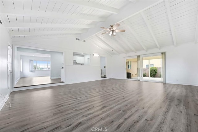 21733 Tuba St, Chatsworth, CA 91311 - unfurnished living room with baseboards, lofted ceiling with beams, ceiling fan, and wood finished floors