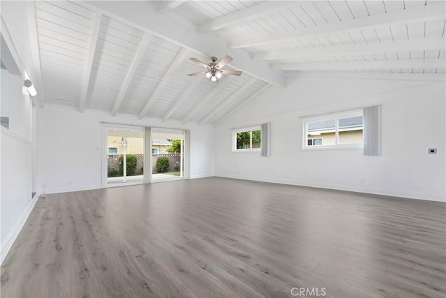 21733 Tuba St, Chatsworth, CA 91311 - unfurnished living room featuring baseboards, lofted ceiling with beams, a ceiling fan, and wood finished floors