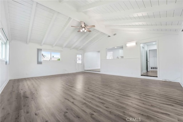 21733 Tuba St, Chatsworth, CA 91311 - unfurnished living room with lofted ceiling with beams, a ceiling fan, baseboards, wood finished floors, and wood ceiling