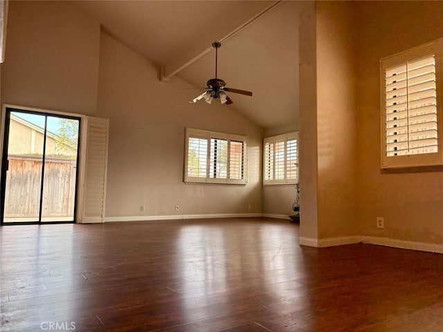 empty room featuring ceiling fan, dark wood-style flooring, beam ceiling, high vaulted ceiling, and baseboards