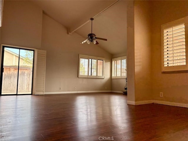 2615 Shalimar St, Camarillo, CA 93010 - empty room with ceiling fan, high vaulted ceiling, dark wood finished floors, and beam ceiling