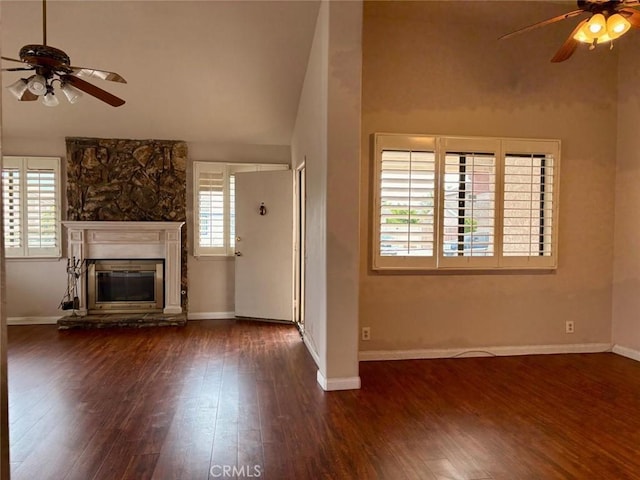 2615 Shalimar St, Camarillo, CA 93010 - unfurnished living room with a ceiling fan, wood finished floors, and a stone fireplace