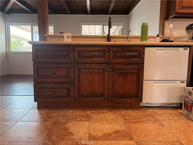 2615 Shalimar St, Camarillo, CA 93010 - kitchen with white dishwasher and a wood ceiling with exposed beams