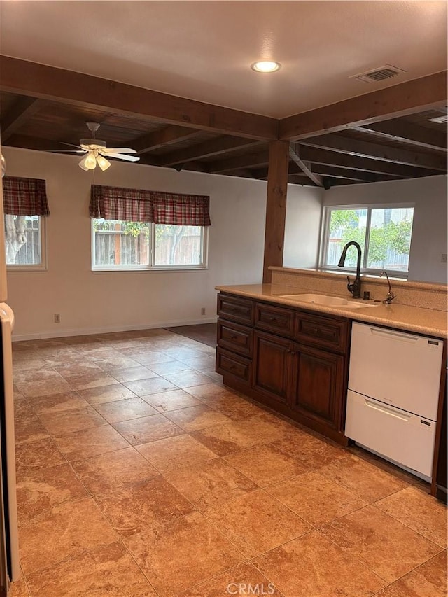 2615 Shalimar St, Camarillo, CA 93010 - kitchen featuring beam ceiling, white dishwasher, recessed lighting, light countertops, and a ceiling fan