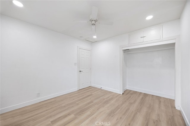 11867 S San Pedro St, Los Angeles, CA 90061 - unfurnished bedroom with ceiling fan, baseboards, a closet, light wood-style floors, and recessed lighting