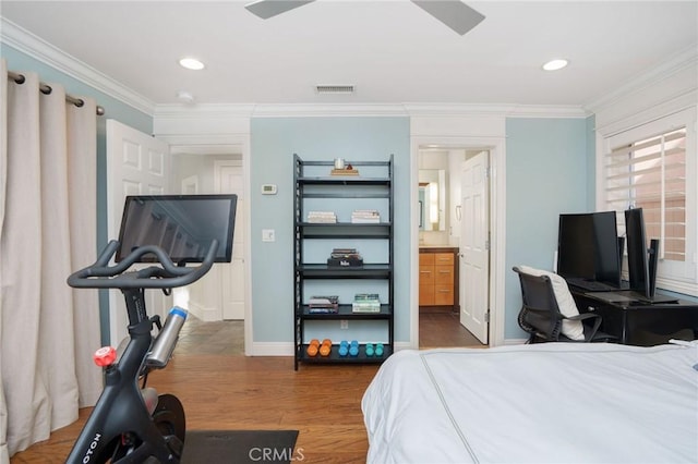 bedroom with visible vents, ornamental molding, baseboards, dark wood-type flooring, and recessed lighting