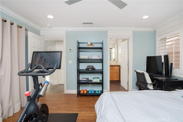 617 Crest Dr, Manhattan Beach, CA 90266 - bedroom featuring ornamental molding, wood finished floors, recessed lighting, and ensuite bath