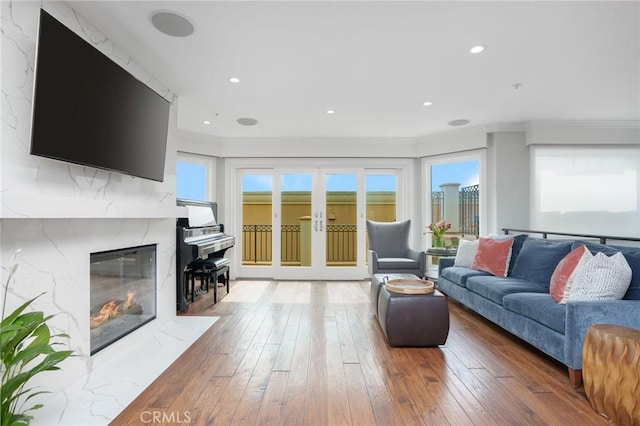 617 Crest Dr, Manhattan Beach, CA 90266 - living area with a fireplace, wood-type flooring, ornamental molding, and recessed lighting