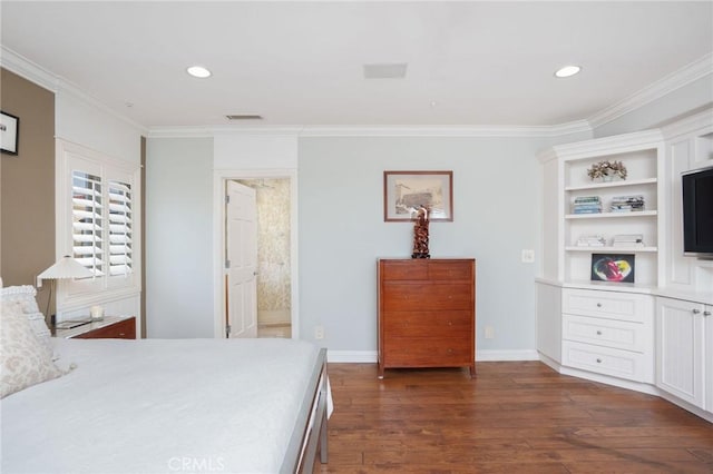 bedroom with crown molding, recessed lighting, visible vents, and dark wood-type flooring