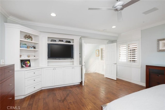 617 Crest Dr, Manhattan Beach, CA 90266 - bedroom with dark wood-style flooring, ornamental molding, recessed lighting, a ceiling fan, and a decorative wall