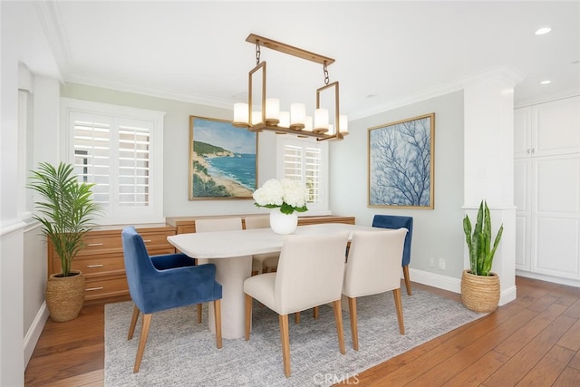 617 Crest Dr, Manhattan Beach, CA 90266 - dining space with a chandelier, light wood-type flooring, recessed lighting, and crown molding