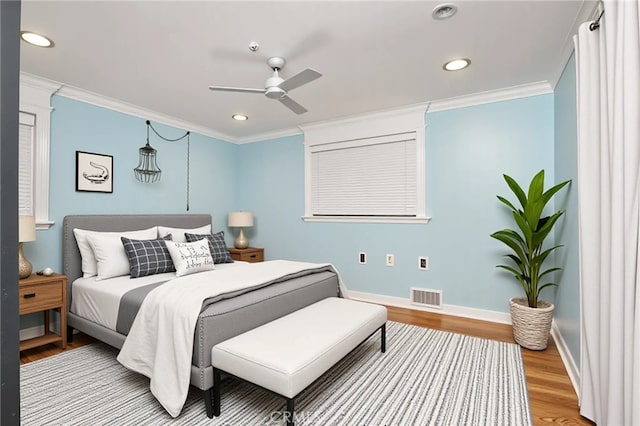 617 Crest Dr, Manhattan Beach, CA 90266 - bedroom with crown molding, wood finished floors, recessed lighting, and ceiling fan