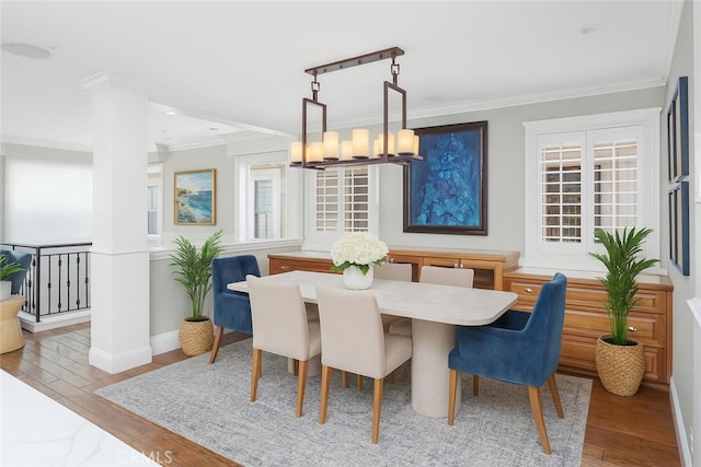 617 Crest Dr, Manhattan Beach, CA 90266 - dining room with hardwood / wood-style floors, ornamental molding, and a chandelier