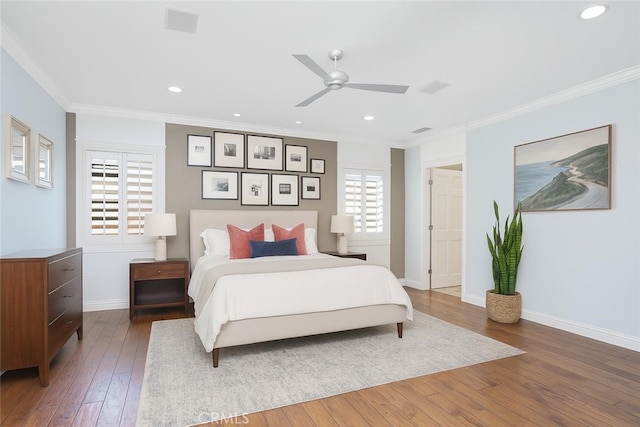 617 Crest Dr, Manhattan Beach, CA 90266 - bedroom with hardwood / wood-style flooring, crown molding, recessed lighting, and ceiling fan