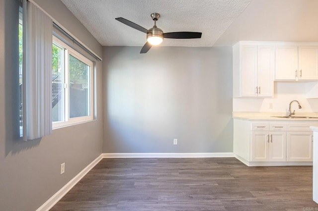 unfurnished dining area with dark wood-type flooring, a sink, a textured ceiling, and ceiling fan
