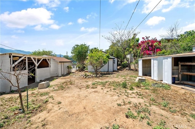 view of yard featuring an outdoor structure and a shed