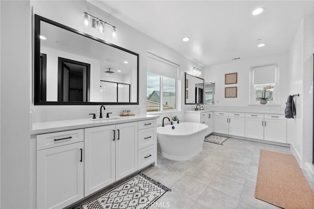 full bathroom featuring recessed lighting, a freestanding bath, two vanities, a shower stall, and a sink