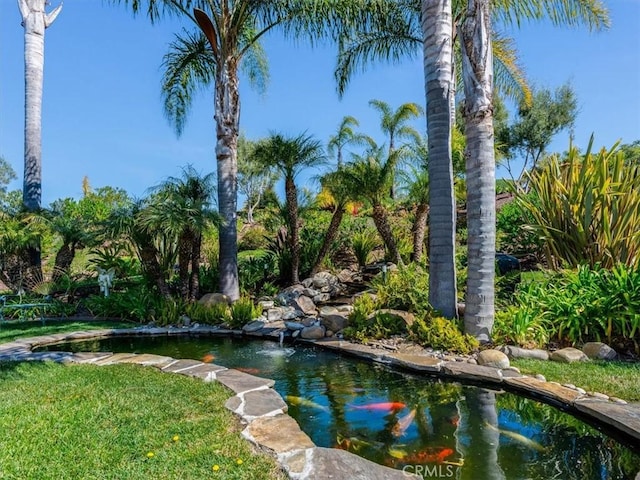 view of property's community with a garden pond and a yard