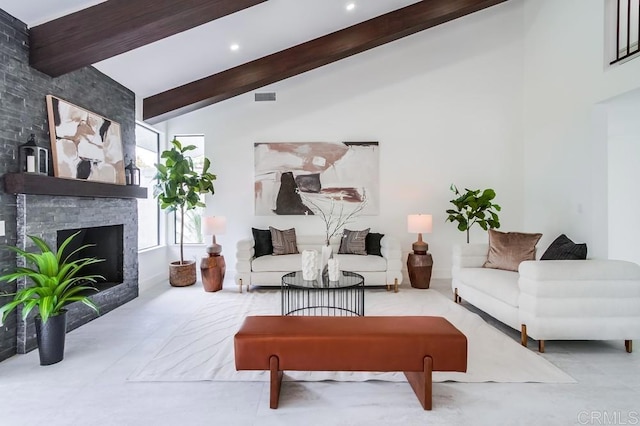 living area with visible vents, a fireplace, high vaulted ceiling, beamed ceiling, and recessed lighting