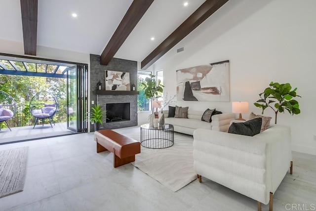 living area featuring recessed lighting, high vaulted ceiling, visible vents, and beam ceiling