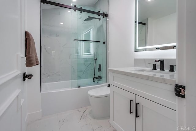 bathroom featuring vanity, marble finish floor, enclosed tub / shower combo, and toilet