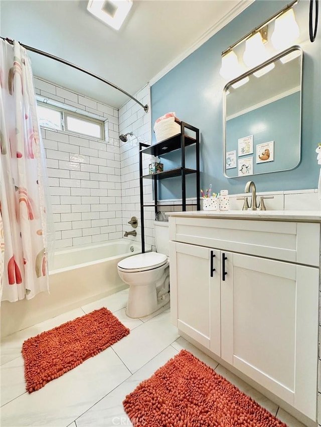 bathroom with vanity, toilet, tile patterned flooring, and shower / bath combo with shower curtain