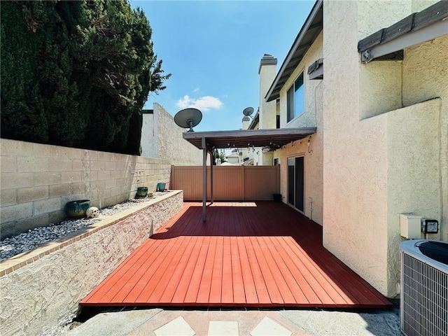 view of patio / terrace featuring a fenced backyard, a wooden deck, and central AC unit