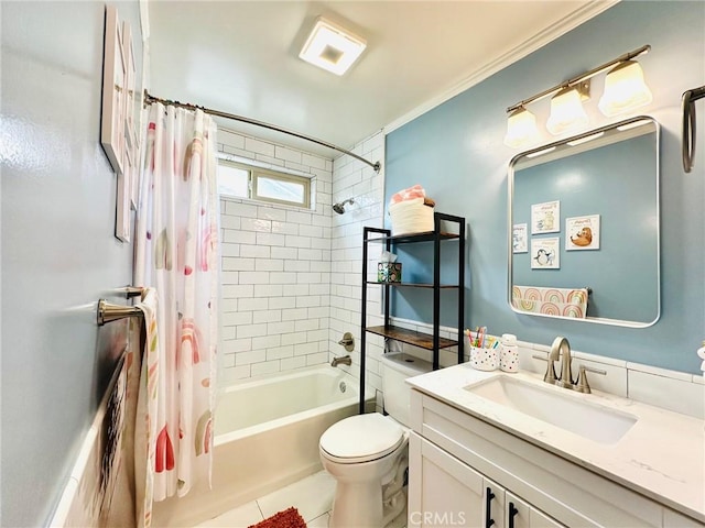 bathroom with vanity, ornamental molding, toilet, shower / bathtub combination with curtain, and tile patterned floors