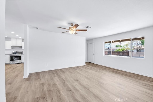 unfurnished living room featuring visible vents, baseboards, recessed lighting, a ceiling fan, and light wood-style flooring